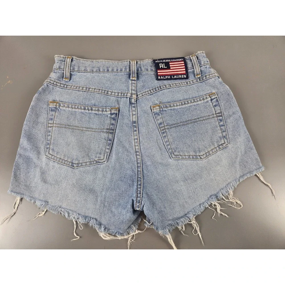 VTG Polo Jeans Co Ralph Lauren Cutoff Denim Shorts Flag Patch Light Wash Sz 6